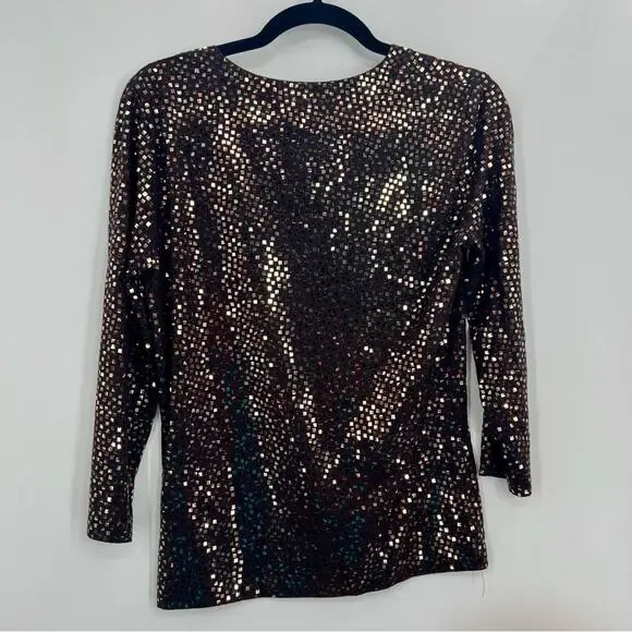 St.John V-Neck Sequins Embroidered T-Shirt Blouse Top 3/4 Sleeve Gold Mahogany M - Picture 2 of 6
